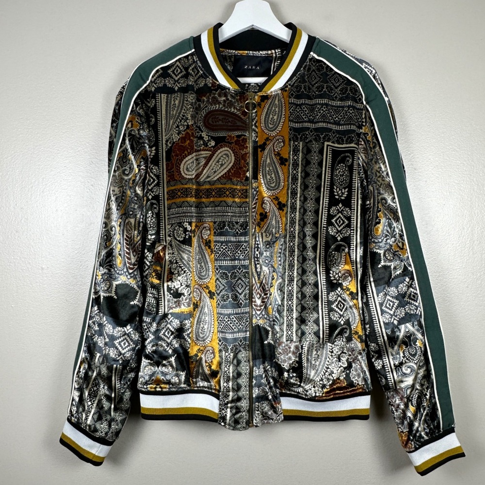 Zara Women's M Bomber Jacket Multi-Color Paisley Patchwork Velvet Style Zip